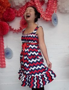 Yifen modeling her joyful new dress